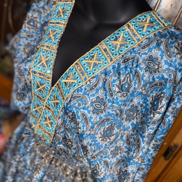 boho-style paisley print maxi dress V-neckline bell sleeves xl blue women - Picture 6 of 12